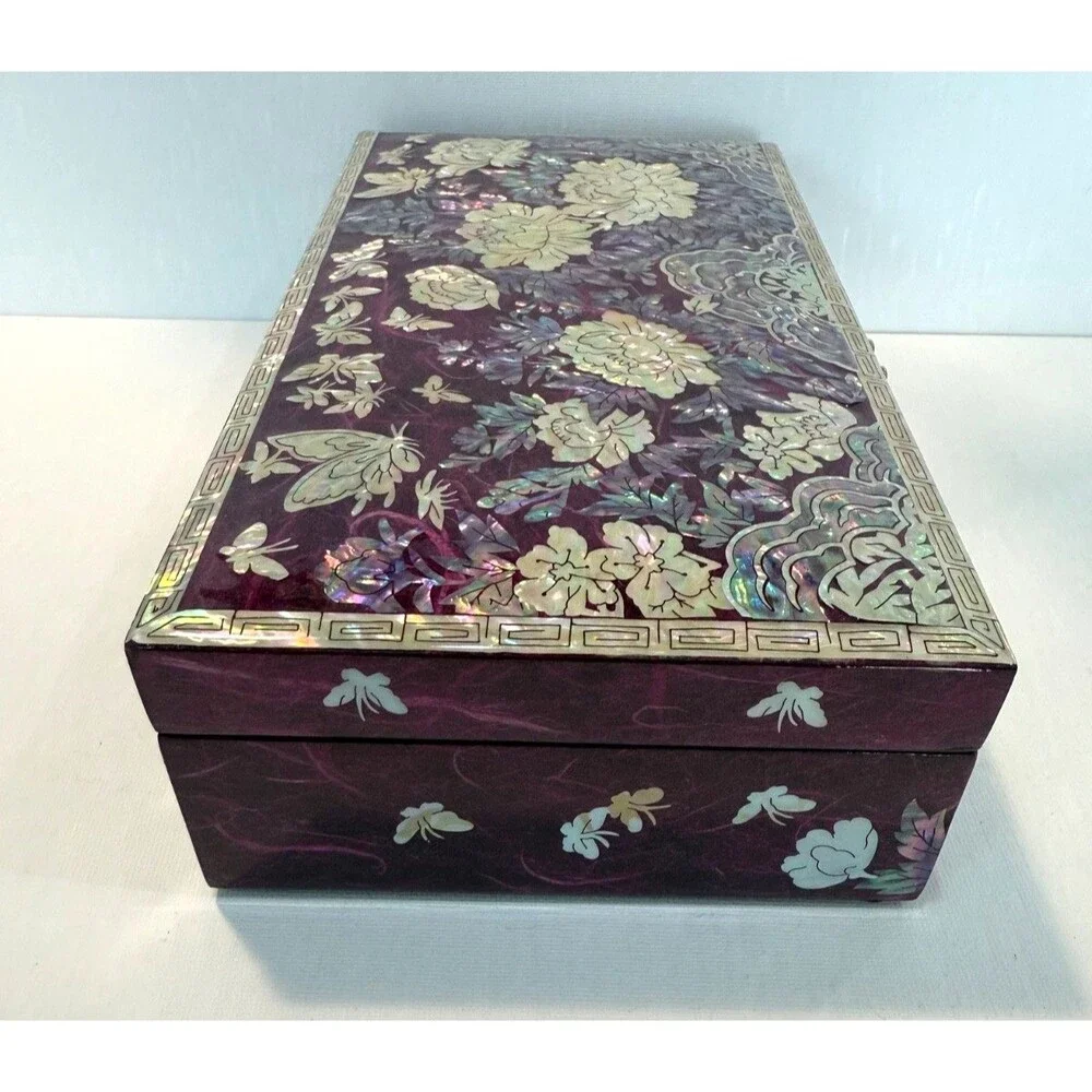 Handmade Korean Mother of Pearl Peony Jewelry Box Wooden Mirror Case Purple